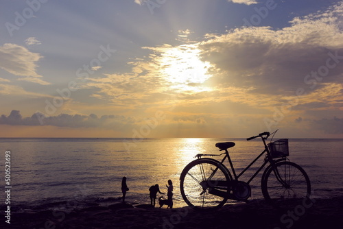 Set of photos, silhouettes, tourists and bicycles