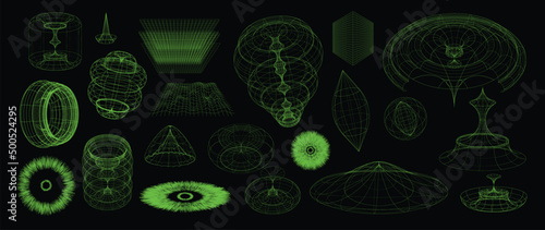 Collection of futuristic cyberpunk style elements. Geometric wireframe of circle, earth, distortion, grid with green color. Retro graphic on black background for decoration, business, cover, poster.