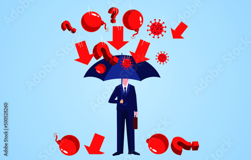 Businessman holding umbrella against various crisis risk problem troubles, banning or eliminating negative emotions and life dilemma, corporate culture