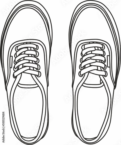 Vector monochrome pair of sports shoes for a runner. Sneakers for training drawn with lines. View from above..
