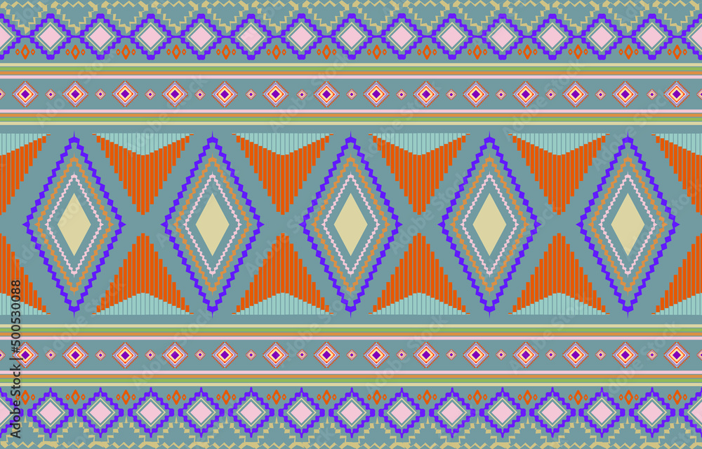 Oriental ethnic seamless pattern traditional background Design for carpet,wallpaper,clothing,wrapping,batik,fabric,Vector illustration embroidery style.
blue and orange tones

