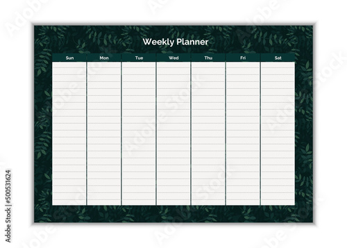 Royal green vector weekly planner design template. Elegant floral leaves organizer and notepad. Week calendar schedule printable to-do list.