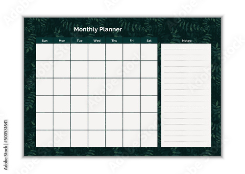 Monthly Planner to do list, notes. Printable schedule, calendar for study, school or work. Vector illustration. Green vector design template. Elegant floral leaves organizer and notepad.
