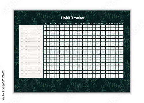 Habit tracker blank page A4. Business organizer schedule page for for effective planning. Bullet journal template. Monthly planer. Printable diary, for important goals. Green leaves design.