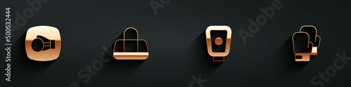 Set Boxing glove, Sport bag, training paws and icon with long shadow. Vector
