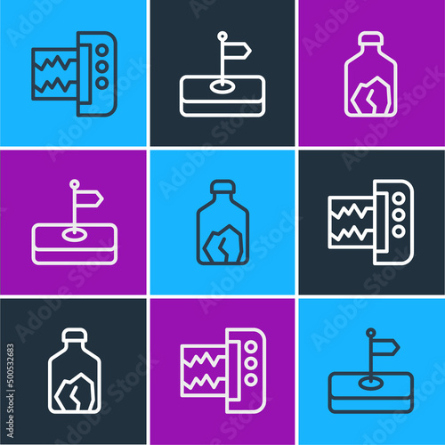 Set line Seismograph, Ore mining and Flag icon. Vector