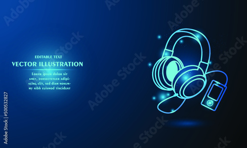 Glowing headphone mp3 player isolated on blue background