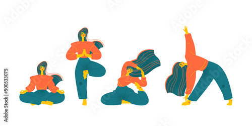 A young girl is doing yoga. Set of isolated illustrations in cartoon style