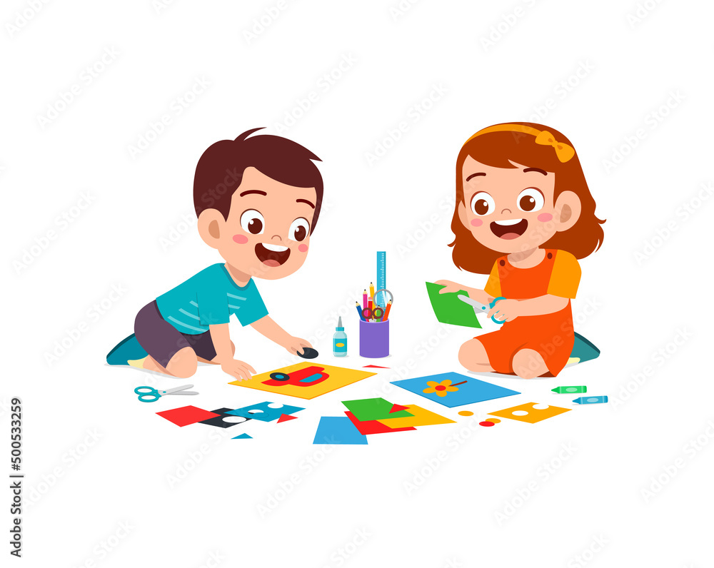 little kid cut paper for art with friend little kid cut paper for art with friend