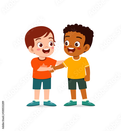 little kid do hand shake with friend