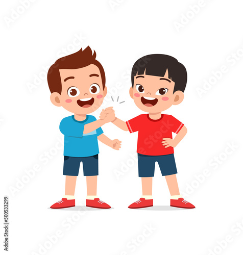 little kid do hand shake with friend