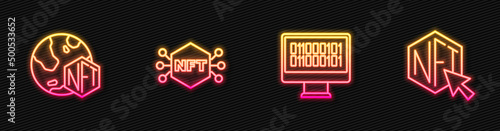 Set line Binary code, NFT Digital crypto art, and . Glowing neon icon. Vector
