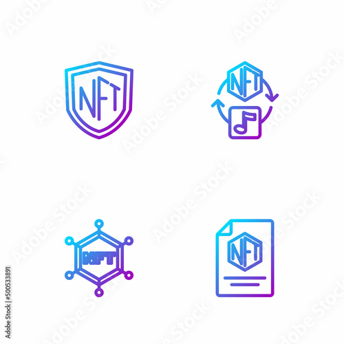 Set line NFT contract, blockchain technology, shield and Digital crypto art. Gradient color icons. Vector