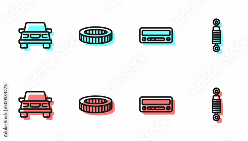 Set line Car audio, air filter and Shock absorber icon. Vector