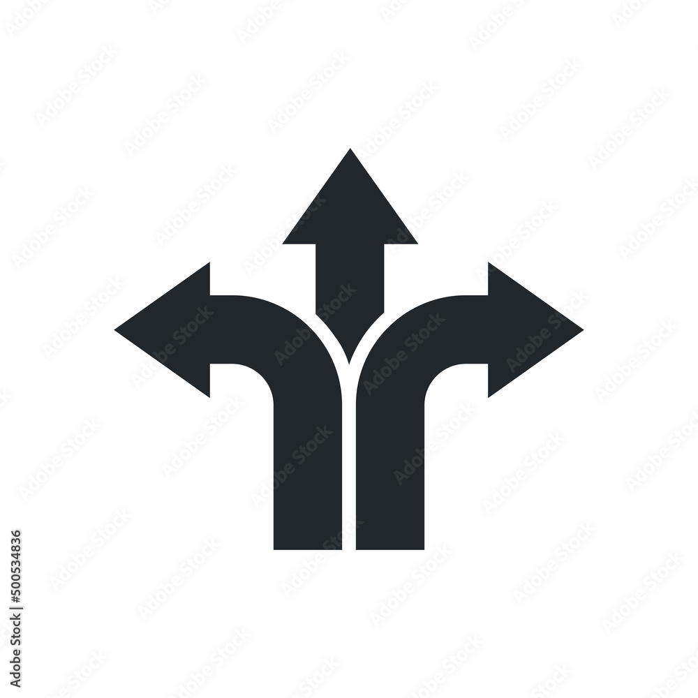 flat vector illustration isolated on white background, icon of arrows pointing in different directions, fork or turn flat vector illustration isolated on white background, icon of arrows pointing in different directions, fork or turn