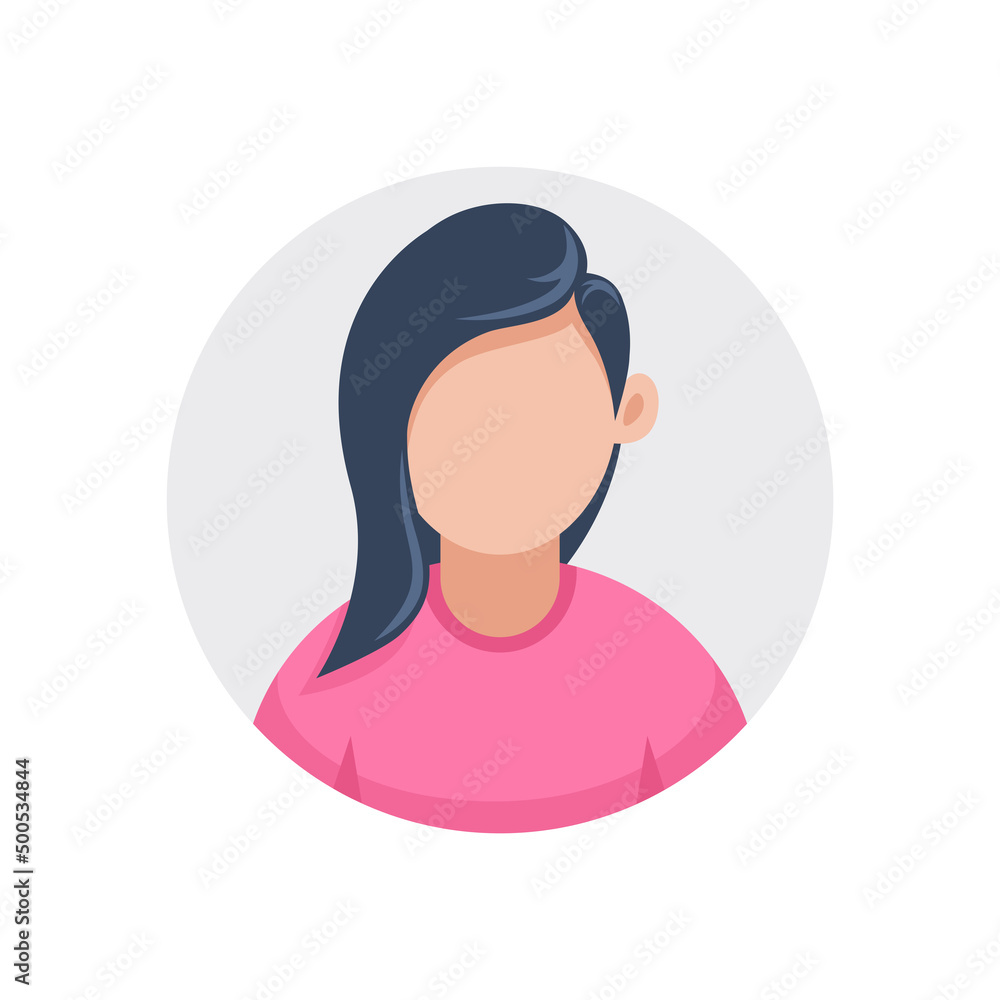 flat vector illustration isolated on white background, round icon of woman or girl in blue t-shirt, avatar for social media and chat flat vector illustration isolated on white background, round icon of woman or girl in blue t-shirt, avatar for social media and chat