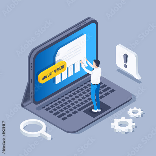isometric vector illustration on a gray background, a man tearing down an ad on a tablet screen, an online platform for advertising