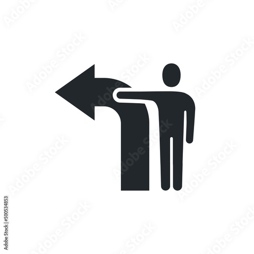 flat vector illustration isolated on white background, man icon with arrow, direction or turn