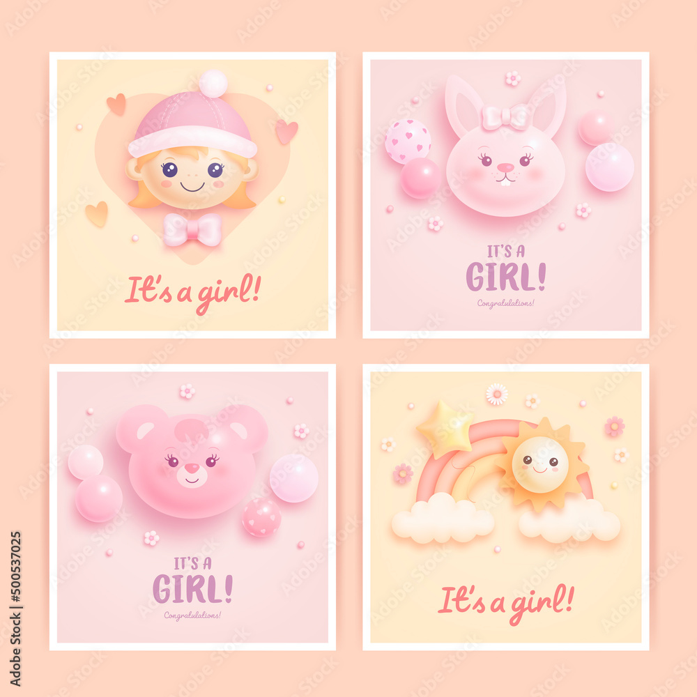 Set of baby shower invitation with cartoon baby girl, helium balloons, rainbow, sun and flowers on pink and beige background. It's a girl. Vector illustration Set of baby shower invitation with cartoon baby girl, helium balloons, rainbow, sun and flowers on pink and beige background. It's a girl. Vector illustration
