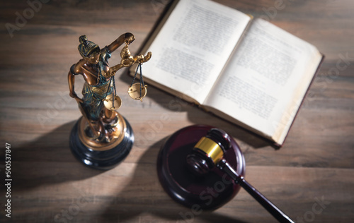  Statue of Lady Justice, book and gavel.