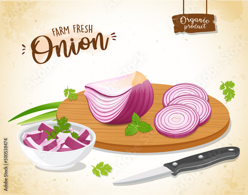 Onion root vegetable pieces and slices vector illustration on wooden chopping board with onion piece bow and sharp knife