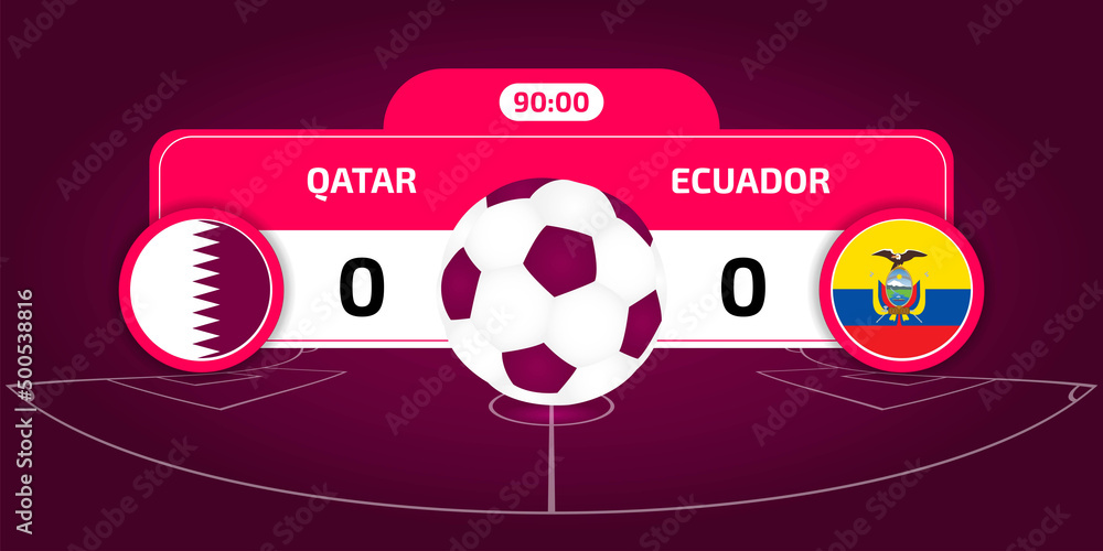 World Cup 2022. Qatar vs Ecuador. Qatar 2022 soccer match. Football championship duel versus teams. Vector illustration.