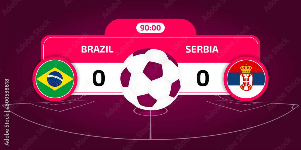 Naklejka premium World Cup 2022. Brazil vs Serbia. Qatar 2022 soccer match. Football championship duel versus teams. Vector illustration.
