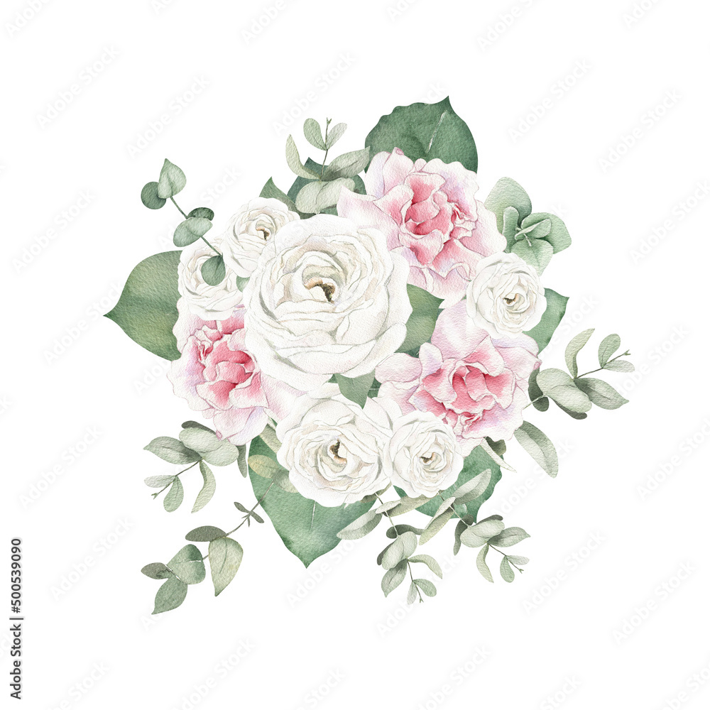 Watercolor flowers and greenery composition. Hand-painted pink and white roses, eucalyptus bouquet illustration. Botanic composition for wedding or greeting card.