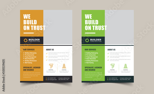Modern and clean construction flyer, Corporate construction tools cover a4 flyer template. Flyer Design Set, Renovation Flyer Template Design