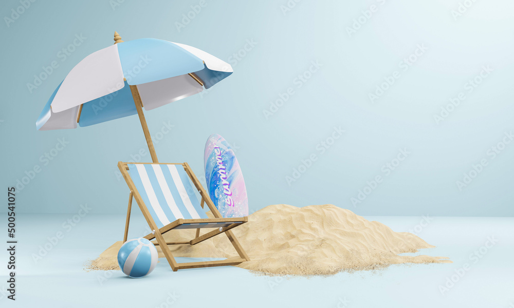 summer background 3d product display platform scene with surfboard platform. sky cloud summer background 3d render on the ocean display. podium on sand beach cosmetic product display stand - obrazy, fototapety, plakaty 