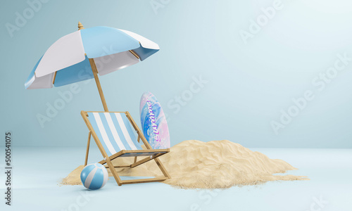 summer background 3d product display platform scene with surfboard platform. sky cloud summer background 3d render on the ocean display. podium on sand beach cosmetic product display stand