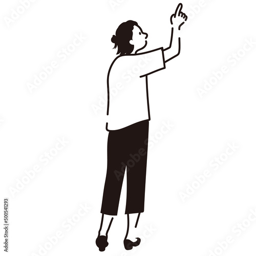 アイデア　女性　指をさす　示す　全身　後ろ姿　線画　ベクターイラスト