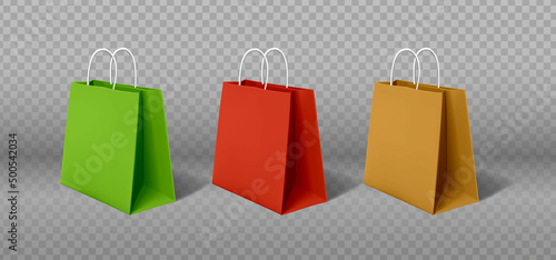3d realistic vector icon set. Colorful sale paper bags. Carton red, green and brown retail bags with handles.