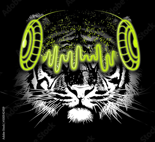 Tiger face neon glowing headphones on black background. Vector illustration.