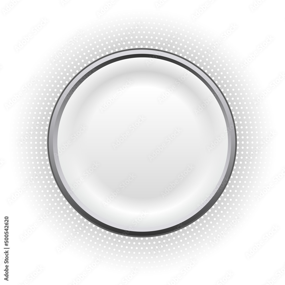 White button with silver ring and halftone pattern around, minimal modern vector background.
White button with silver ring and halftone pattern around, minimal modern vector background.