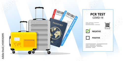Tourist Luggage negative result of a PCR Covid-19 test new normal of travelling