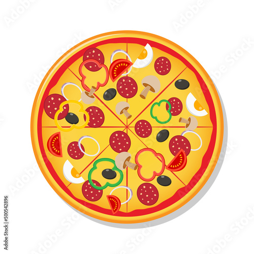 Fresh pizza with tomato, cheese, olive, sausage, onion Traditional italian fast food Top view meal
