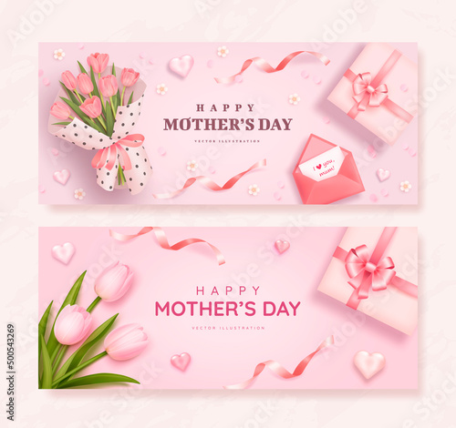 Mother's day poster or banner set with sweet hearts, bouquet of tulips and pink gift box on pink background