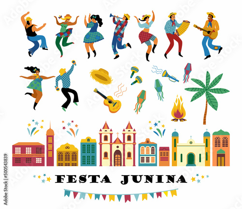 Latin American holiday, the June party of Brazil. Festa Junina. Vector set.