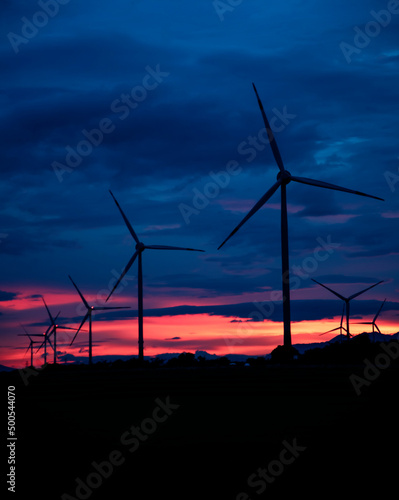 Wind farm or wind park, with high wind turbines in the setting sun for generation electricity with copy space. Green energy concept to reduce climate change and global warming