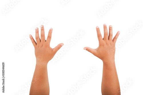 Raise both hands with five fingers. on a white background with clipping path