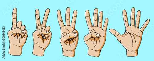 vector set posture of counting fingers 1-2-3-4-5 isolated on blue background, cartoon sketch drawing style. body language gesture , finger language, sign language, finger alphabet