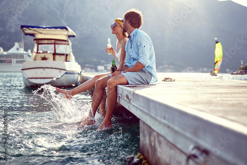 Canvas Lover couple hold together enjoying romantic beautiful lake