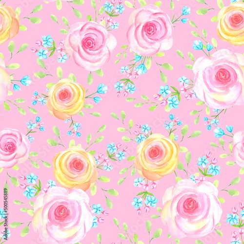 Watercolor seamless pattern with flowers on a pink background.