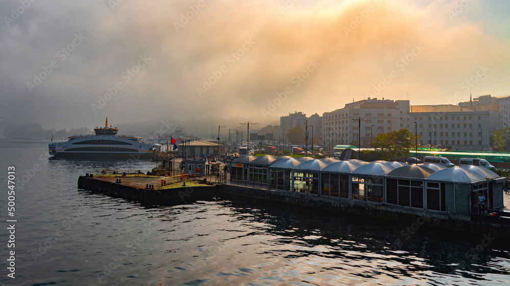 istanbul-turkey 10.19.2019 foggy day, istanbul- eminonu city and galata bridge