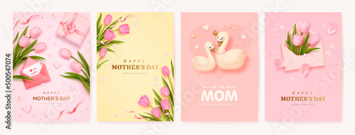 Mother's day poster or banner set with sweet hearts, cartoon swan, bouquet of tulips and pink gift box on pink background