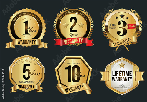 Collection of golden WARRANTY badges and labels retro style 