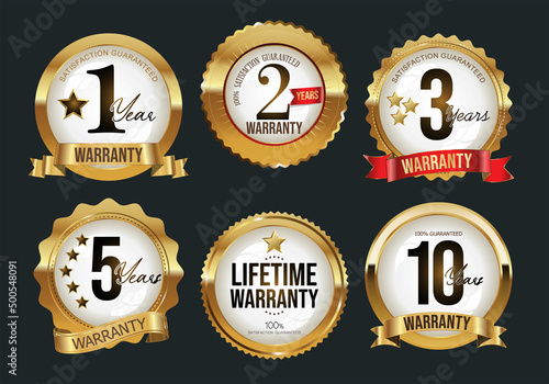 Collection of golden WARRANTY badges and labels retro style 