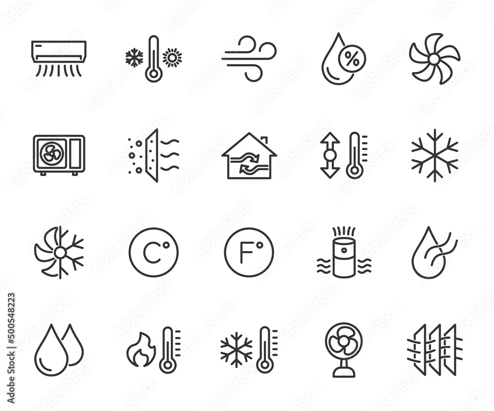 Vector set of air conditioning line icons. Contains icons humidity, air, temperature, air filter, fan, air purifier and more. Pixel perfect. - obrazy, fototapety, plakaty 