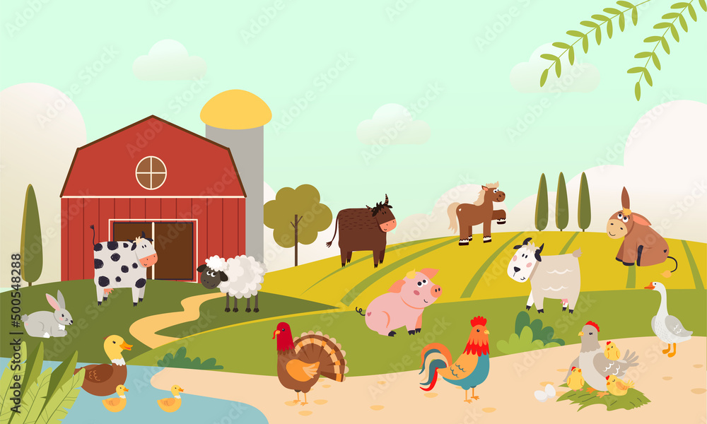 Farm animals with country landscape - rabbit, cow, sheep, bool, pig,  horse, donkey, goat, rooster, chicken,  hen, goose, duck. Cute cartoon vector illustration in flat style. Domestic animals set.